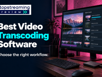 Best Video Transcoding Software banner with the approved TSR logo, dark navy background, pink workstation lighting and export queue.