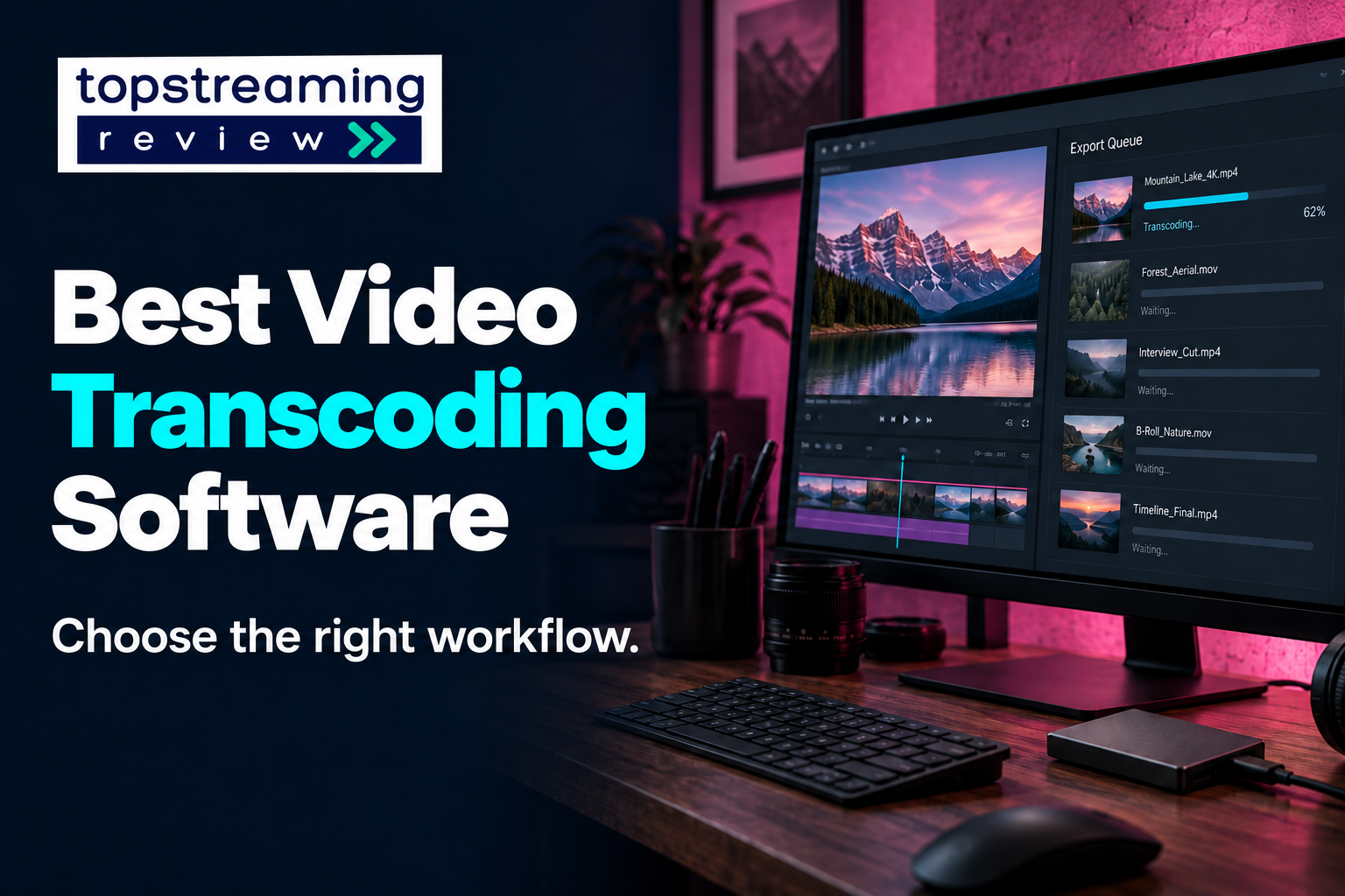 Best Video Transcoding Software banner with the approved TSR logo, dark navy background, pink workstation lighting and export queue.