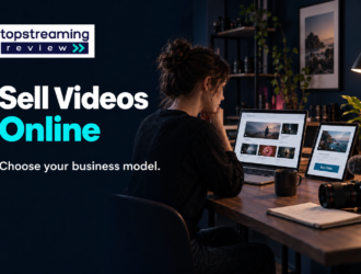 Sell Videos Online banner with the approved TSR logo, creator reviewing a video storefront and deep dark navy background.