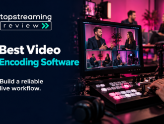 Best Video Encoding Software banner with left-aligned title, transparent TSR logo, dark navy background and pink-lit live production studio.