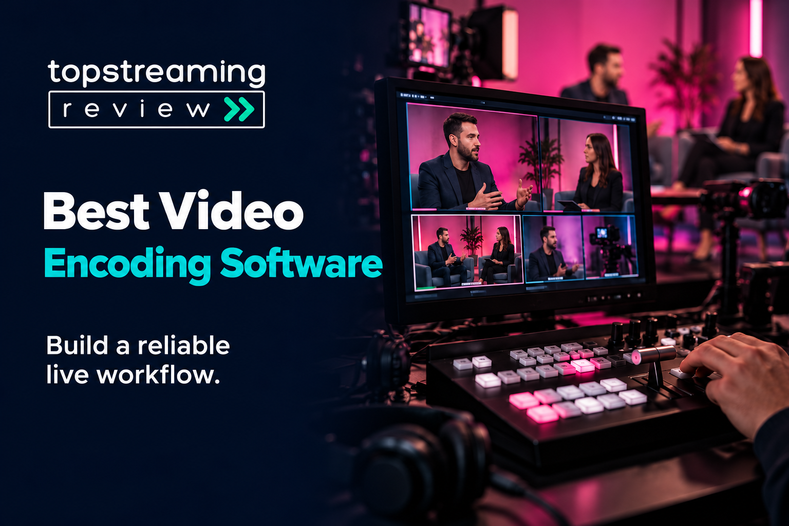 Best Video Encoding Software banner with left-aligned title, transparent TSR logo, dark navy background and pink-lit live production studio.