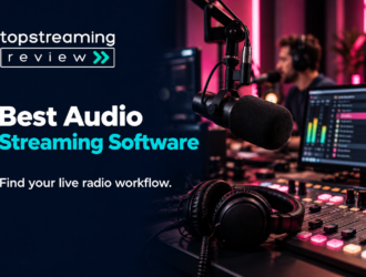 Best Audio Streaming Software banner with a transparent TSR logo, left-aligned title, dark navy background and pink-lit radio studio with microphone and mixing console.