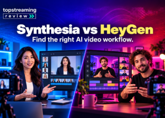 Synthesia versus HeyGen banner showing two AI avatar production workflows