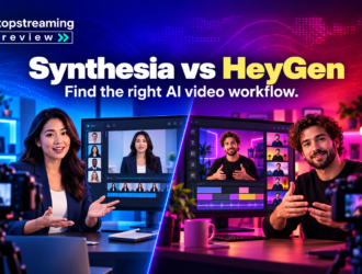 Synthesia versus HeyGen banner showing two AI avatar production workflows