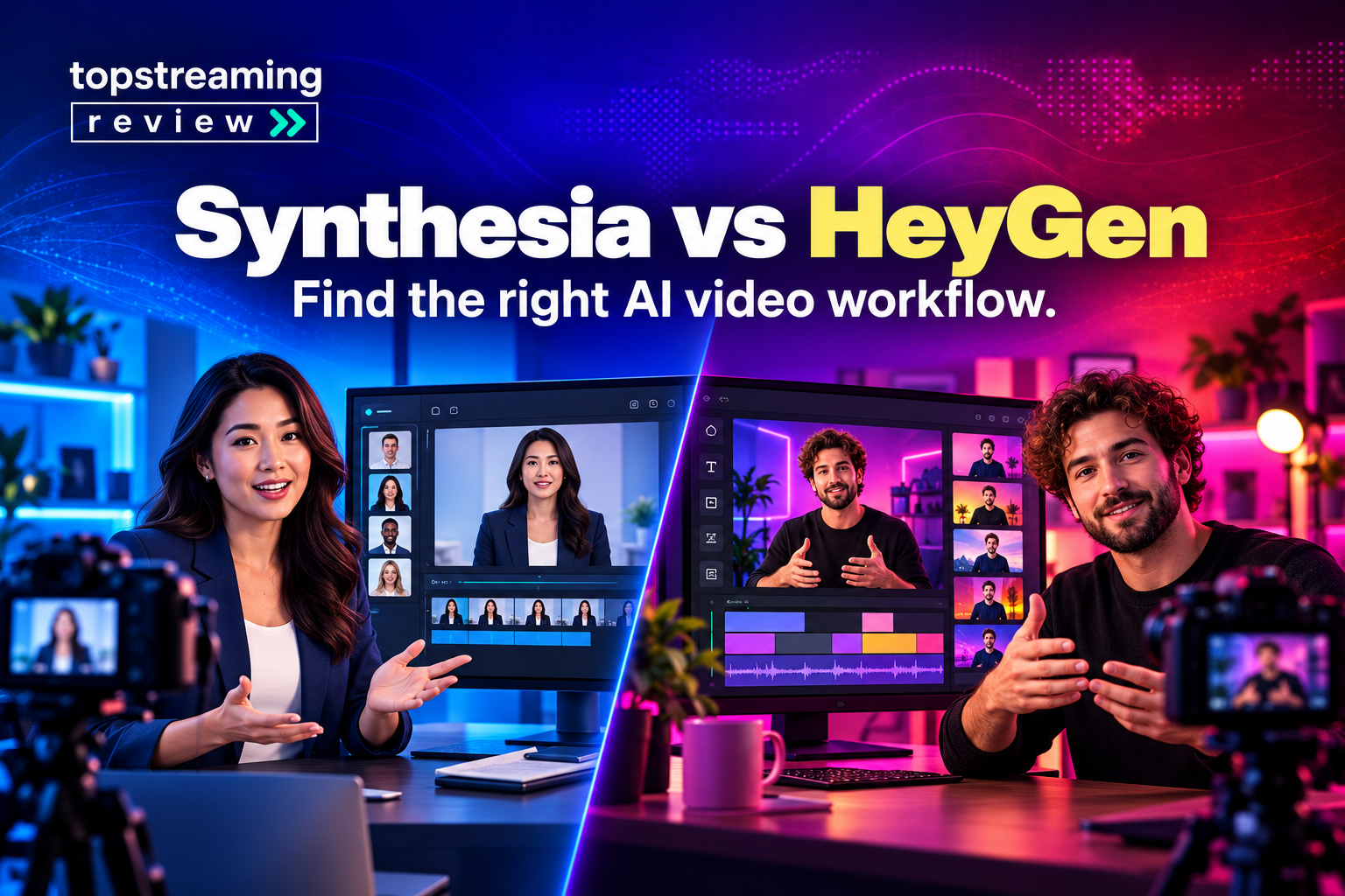 Synthesia versus HeyGen banner showing two AI avatar production workflows