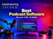 Best podcast software for recording, editing and publishing, illustrated with a microphone, headphones and audio editing studio