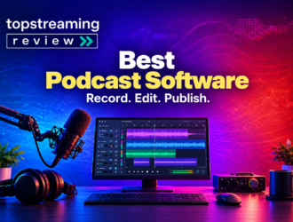 Best podcast software for recording, editing and publishing, illustrated with a microphone, headphones and audio editing studio