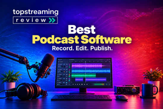 Best podcast software for recording, editing and publishing, illustrated with a microphone, headphones and audio editing studio