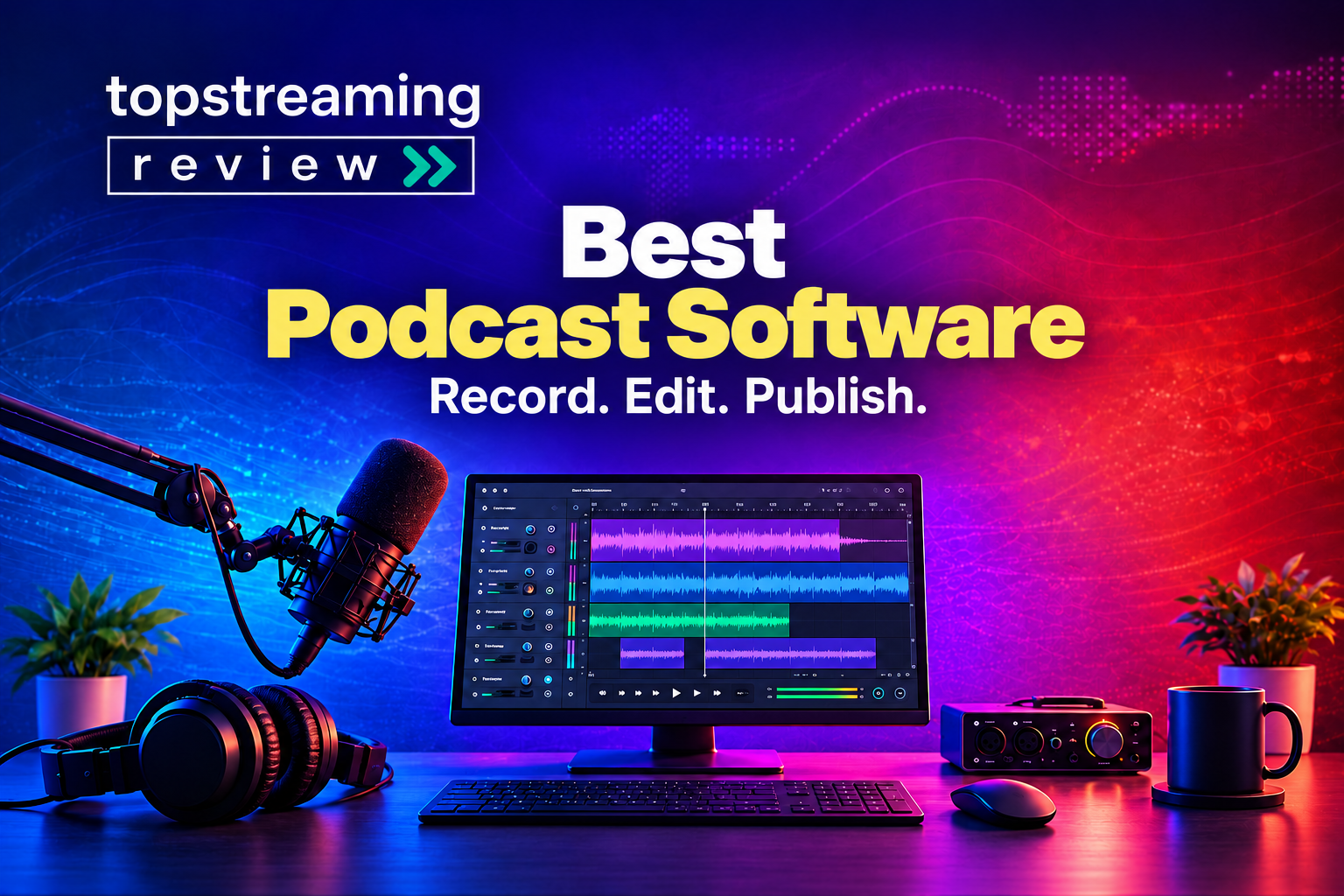 Best podcast software for recording, editing and publishing, illustrated with a microphone, headphones and audio editing studio