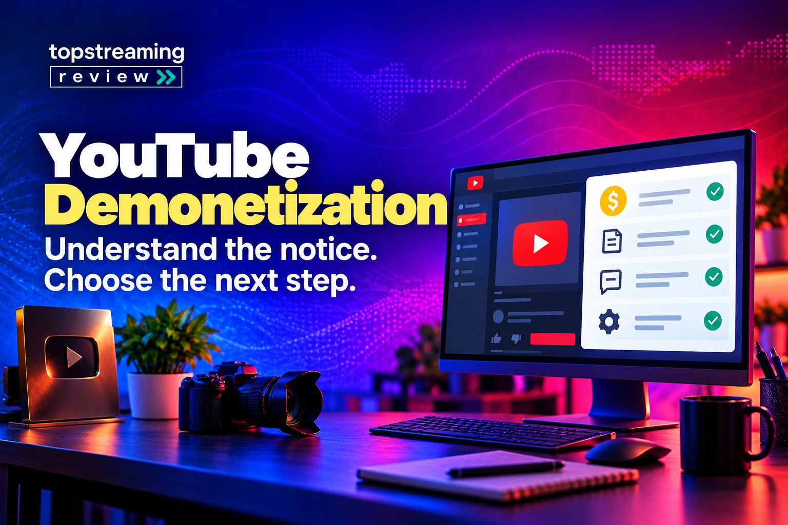 YouTube demonetization guide with creator dashboard and notice checklist