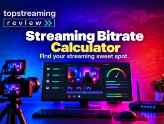 Streaming bitrate calculator with a video production monitor, bandwidth meter, camera and router