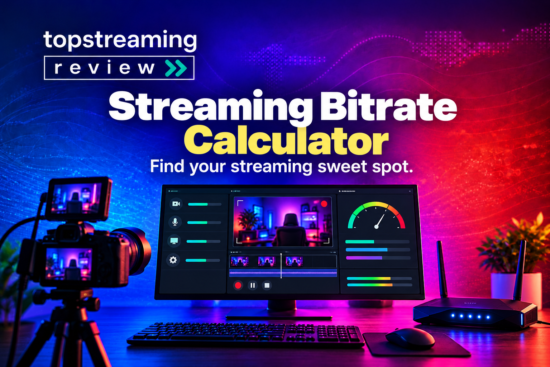 Streaming bitrate calculator with a video production monitor, bandwidth meter, camera and router